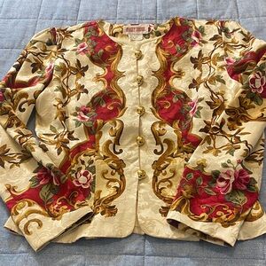 Maggy London Ivory Floral 100% Silk Blouse with Red and Gold Accents